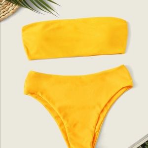 High-waisted strapless yellow bikini